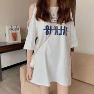 miss nitaly 短袖T恤女夏季新款休閑寬松大版圓領(lǐng)露肩中長(zhǎng)款百搭半袖體恤上衣 白色 M
