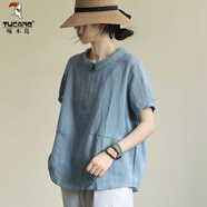 啄木鳥(niǎo)棉麻襯衫女短袖2025夏季新款女裝文藝休閑寬松娃娃領(lǐng)大碼亞麻上衣 藍色 2XL 建議135-150斤