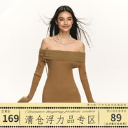 ARISEISMAriseism 美式復古設計感一字肩連衣裙女春季新款長(cháng)袖修身裙子 咖色 L