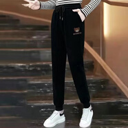 翎悅休閑褲女秋冬季新款寬松束腳運動(dòng)褲時(shí)尚衛褲百搭哈倫褲 黑色 常規 L 建議100-115斤