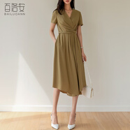 百洛安知性O(shè)L短袖連衣裙女夏季時尚V領(lǐng)不規(guī)則顯瘦中長款a字大擺裙 芥末黃 M