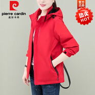 皮爾卡丹（pierre cardin）大紅色短外套女秋冬季2023新款女士沖鋒上衣中年媽i媽連帽風(fēng)衣潮 66*大紅*春秋 薄款 2XL 適合127-138斤