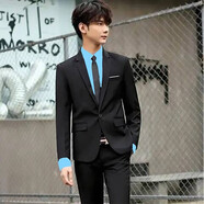 春秋季黑色西裝套裝伴郎服男西服兄弟團衣服結婚禮服正裝高中大學(xué) (黑西裝+淺藍襯衫+西褲+領(lǐng)帶) XL (121-135斤)