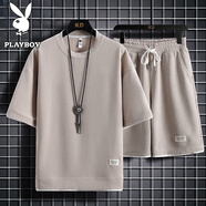 花花公子（PLAYBOY）短袖T恤男士套裝休閑兩件套純色圓領(lǐng)夏季透氣吸汗體恤男士寬松 米色 3XL （160-185斤）