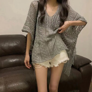 口旋v領(lǐng)鏤空中袖針織衫女慵懶風(fēng)夏季設(shè)計(jì)感小眾獨(dú)特別致寬松罩衫上衣 灰色 均碼 80-160斤