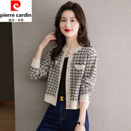 皮爾卡丹（pierre cardin）小香風(fēng)外套女春秋季新款千鳥(niǎo)格小個(gè)子短款開(kāi)衫洋氣時(shí)尚百搭上衣 米色(收藏加購(gòu)寶貝) 3XL