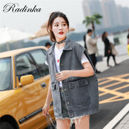 Radinka  2025秋新款工裝牛仔馬甲女寬松韓版bf情侶無袖牛仔外套上衣男女 黑灰色(偏黑色） S