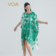VOA桑蠶絲印花提花春綠圓領(lǐng)短袖尖型下擺清爽淑女風(fēng)真絲連衣裙AE1806 墨染春綠（Y76） L