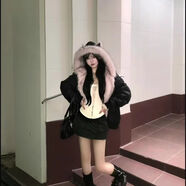 斐莉玥可愛貓耳朵粉色毛領(lǐng)連帽棉衣棉服女秋冬季甜美正反兩穿保暖厚外套 [原版-高品質(zhì)]黑色毛毛外套 L