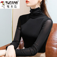 啄木鳥(niǎo)百搭打底衫女 冬季新款高領(lǐng)網(wǎng)紗打底衫女長(cháng)袖沙體上衣蕾絲沙t恤大