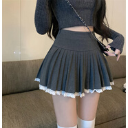 淑游秋季毛呢半身裙女胖mm百褶裙子高腰蓬蓬裙欲蕾絲邊A字短裙 灰色 [內(nèi)帶安.褲] XS