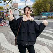 俞兆林棉衣女短款2025春季新款韓版寬松羊羔毛棉服ins小棉襖可愛(ài)日系外 黑色 M