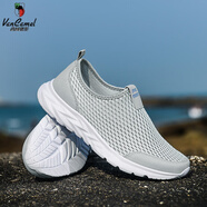西域駱駝（VANCAMEL）男士夏季網(wǎng)面透氣鞋休閑運動網(wǎng)眼男鞋跑步軟底薄款網(wǎng)鞋一腳蹬布鞋 淺灰 41