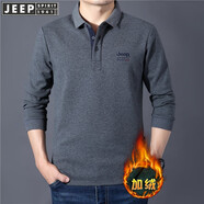 JEEP SPIRIT吉普休閑加絨翻領(lǐng)長(cháng)袖t恤寬松秋冬厚款棉質(zhì)混紡商務(wù)男士體恤衫 拼色領(lǐng)灰色 加絨 M 170 建議120-130斤