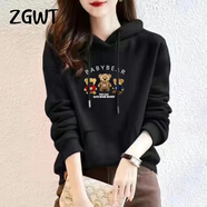 ZGWT輕奢高檔品牌小熊連帽衛衣女寬松春秋新款時(shí)尚外套百搭加絨上衣服 連帽-黑色【不加絨】-三只小熊 L 碼【建議101-109斤】