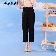 LAGOGO黑色直筒寬松百搭休閑褲女拉谷谷夏季新款高腰氣質(zhì)九分褲 黑色(W1) L
