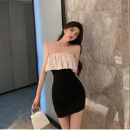 MORING BULL女主播直播衣服抹胸漏背顯瘦女裙新款女人味抹胸荷葉邊連衣裙名媛 黑色847短款 S