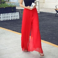 寶喬旭春夏季沙灘褲度假寬松高腰裙褲金絲雪紡闊腿褲長(cháng)褲舞蹈褲 （大紅色） 2XL 號褲長(cháng)105厘米