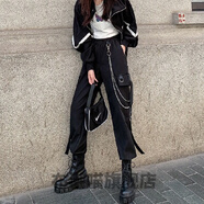 花淯酷酷的女裝帥氣高腰工裝褲子爵士跳舞jazz炸街酷孩穿搭 黑色 S
