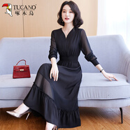 啄木鳥(niǎo)春秋雪紡連衣裙女長(cháng)袖2025新款大碼長(cháng)款v領(lǐng)時(shí)尚氣質(zhì)收腰顯瘦長(cháng)裙 黑色 L 100-112斤