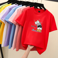 星盛榮純棉短袖t恤女2023年夏裝新款韓版寬松粉色上衣半袖印花打底體恤 紅色*疊疊貓 S【建議80-100斤左右】