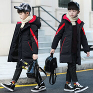 洛留云兒童加絨加厚羽絨棉服男童冬裝棉外套新款帥氣12中長款14棉衣3-15歲中大童加厚男孩棉襖外 黑色 160建議身高150cm左右