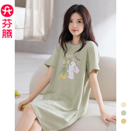 芬騰睡裙女夏純棉短袖圓領(lǐng)可愛睡衣薄款大碼全棉家居服連衣裙短裙 X98423765草綠 L 建議:110-125斤