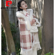 皮爾卡丹（pierre cardin）旗袍披肩斗篷女秋冬季保暖紅色格子外搭加絨加厚毛呢披風(fēng)穿搭大衣 粉大格---【連帽披肩】 加絨