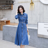 丹珠娜牛仔連衣裙中長款女2024秋季新款韓版時尚收腰長袖休閑氣質(zhì)長裙潮 牛仔藍(lán) 2XL