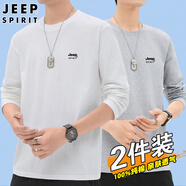 JEEP SPIRIT吉普純棉長(cháng)袖T恤男春秋季新款男士圓領(lǐng)體恤寬松百搭青年t恤打底衫 白色+淺灰 L （建議111-125斤）