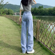 GOCHIEI復(fù)古牛仔褲女春秋季寬松闊腿褲高腰顯瘦時尚直筒小個子百搭拖地褲 淺藍色 2XL (125-135)