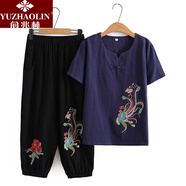 俞兆林（YUZHAOLIN）母親節中老年女裝中老年人套裝女短袖奶奶夏天棉麻兩件套60-70-80 2081-藏青色套裝 2XL (建議100-115斤)