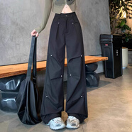 凡伊聆褲子女美式工裝褲闊腿寬松春秋休閑褲直筒黑色長(cháng)褲顯瘦街舞嘻哈 鉚釘褶皺闊腿工裝褲【黑色】 S 【建議95斤以?xún)取?
                                         title=