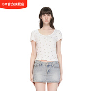 BM上衣短袖T恤女純棉開衫2025新款女夏季小碎花少女純欲風(fēng)針織衫 白色紅花 均碼
