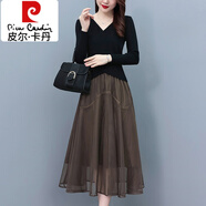皮爾卡丹（pierre cardin）半身裙套裝女春季2024新款高端名媛氣質(zhì)洋氣網(wǎng)紗a字裙時(shí)尚兩件裝 黑色上衣咖色半身裙 S