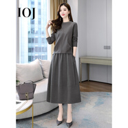 i-O-J輕奢品牌女裝高端連衣裙女秋季新款時(shí)尚氣質(zhì)優(yōu)雅春秋長(zhǎng)袖套裝裙子 麻灰色 XL