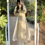 斐特瑪2024新款仙女裙網(wǎng)紗半身裙女春夏小個子不規(guī)則半身長裙子細(xì)閃紗裙 杏色 XL
