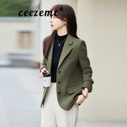 ceezemc香港潮牌毛呢修身小西裝女 2024秋冬新款小個(gè)子復(fù)古抗皺短款外套 綠色 S
