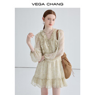 VEGA CHANG法式復(fù)古連衣裙女2025年新款夏季小眾設(shè)計(jì)荷葉邊印花海邊度假裙子 印花（短款） M