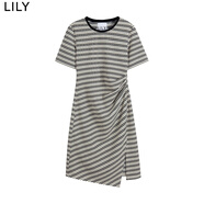 LILY夏新款女裝洋氣條紋別致不對稱時髦開叉短袖修身款連衣裙 603本白 XL