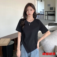 風(fēng)曉薇夏季大碼女裝不規(guī)則開叉短袖T恤胖妹妹遮肚子顯瘦正肩百搭上衣女 黑色-胖mm大碼女裝-遮肚子大碼女裝 S -胖mm大碼女裝-遮肚子大碼女裝