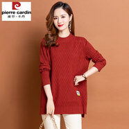 皮爾卡丹（pierre cardin）羊毛衫開叉毛衣女中長款寬松顯瘦針織衫圓領(lǐng)碼大打底衫羊絨上衣 銹紅色 3XL建議140-155斤