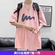 嘉曄短袖T恤新款圓領(lǐng)印花男女寬松ins休閑學(xué)生上衣港風(fēng)五分袖寬松短袖 kpT46粉色 2XL
