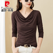 皮爾卡丹（pierre cardin）早秋莫代爾長(cháng)*袖t恤女打底衫韓版漂亮小衫顯瘦堆堆低領(lǐng)薄款上衣潮 167#長(cháng)袖咖啡色 L