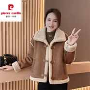 皮爾卡丹2025冬季新款小個(gè)子短款加厚羊羔毛外套女皮毛一體機(jī)車(chē)服夾克上衣 咖啡色 M 95-110