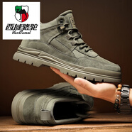 西域駱駝（VANCAMEL）冬季男鞋中幫馬丁靴真皮棉鞋夏冬款休閑高幫工裝潮流鞋子男款加絨 黑色2 40