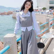 蕭遇（XIAOYU）假兩件條紋長袖襯衫灰色中長款套裝連衣裙子2023春秋季新款時尚 圖片色 S(建議：85-95斤)