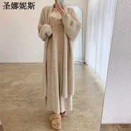 圣娜妮斯針織外套女開(kāi)衫中長(zhǎng)款薄空調(diào)衫外套外搭白色防絨中長(zhǎng)版寬松慵懶風(fēng) 防卡其色毛絨外套款 均碼