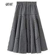 QEAE潮牌復古格子拼接半身裙女2024春季新款高腰顯瘦中長(cháng)A字大擺裙子 黑白格 均碼