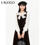 LAGOGO復古絲絨連衣裙女拉谷谷春秋新款氣質(zhì)深咖色可愛(ài)寬松背心裙 深咖啡(U0) L 165/40